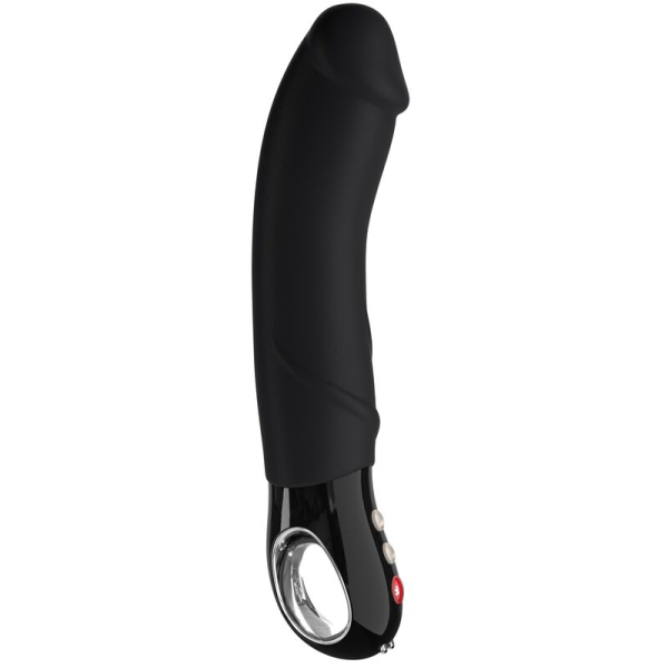 Vibrador negro con anillo metálico y botones