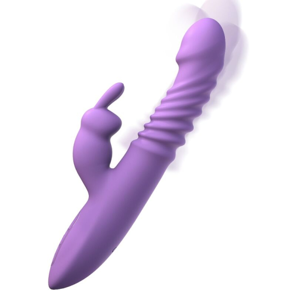 Vibrador morado tipo conejo sobre fondo blanco