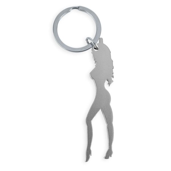 DIABLO PICANTE - LLAVERO CON SILUETA DE MUJER COLOR PLATA CON ABRIDOR DE CERVEZA