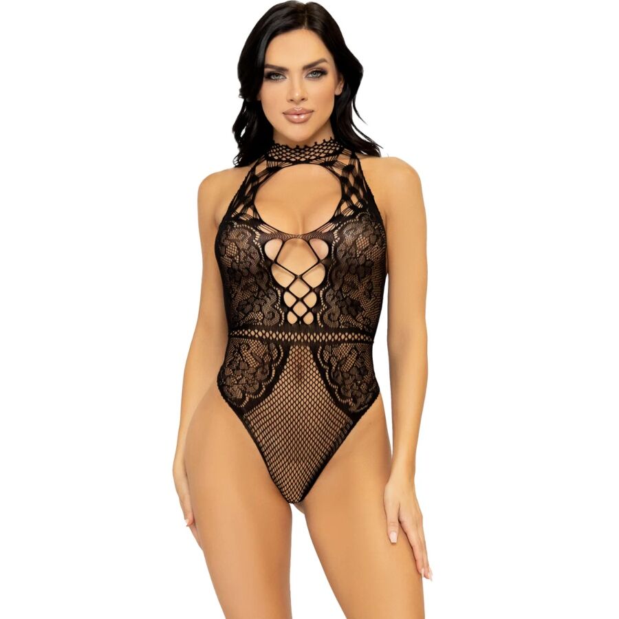 img_216243_3084b1246b2f0794504f4ebe3adbe901_1.jpg LEG AVENUE - NET AND LACE KEYHOLE HALTER BODYSUIT ONE SIZE - Image 1