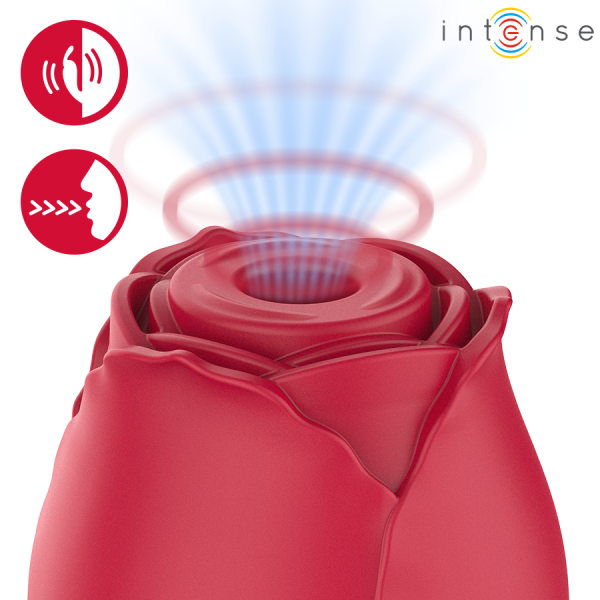 Dispositivo rojo en forma de rosa con ondas sonoras