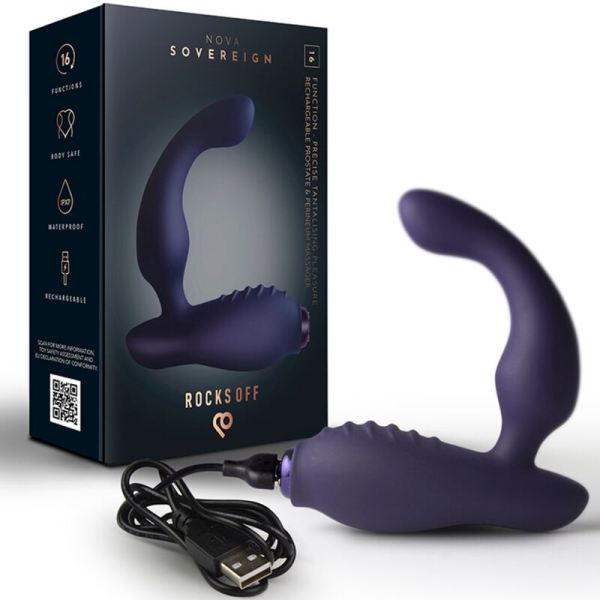 Masajeador prostático morado con caja y cable USB
