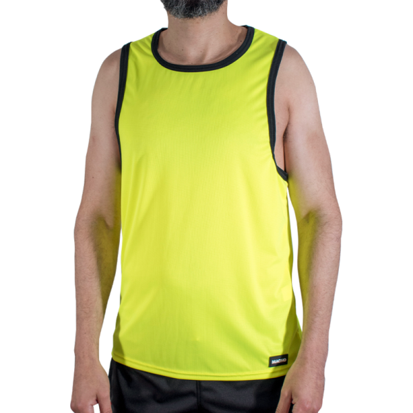 Camiseta deportiva sin mangas amarilla con ribetes negros