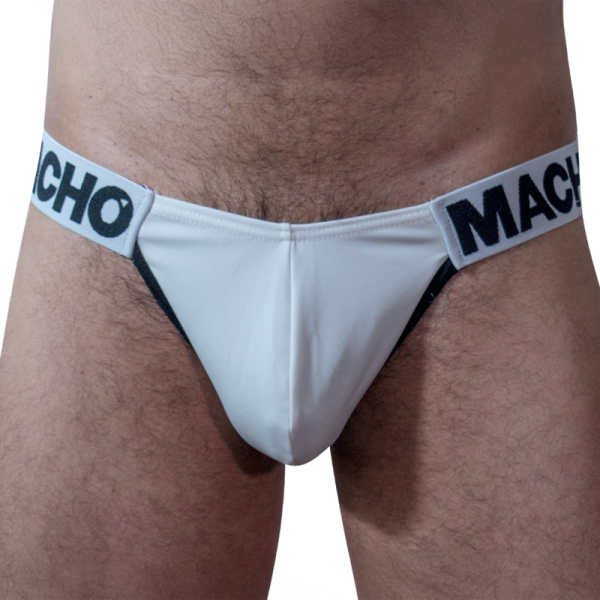 Hombre con tanga blanca de cintura elástica