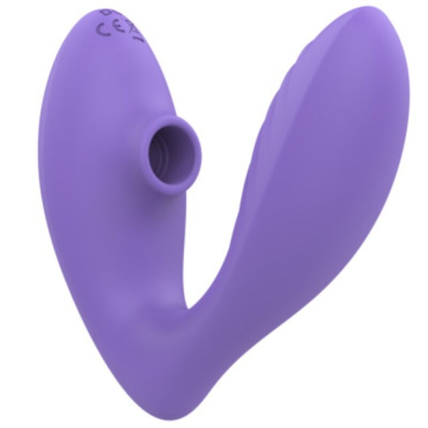 Vibrador morado con estimulador y succión
