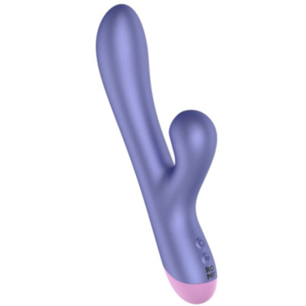 Vibrador tipo conejo morado sobre fondo blanco