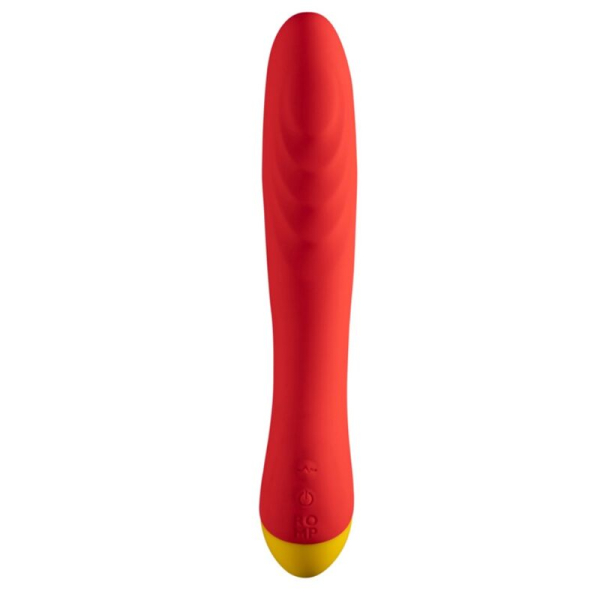Vibrador rojo con base amarilla sobre fondo blanco