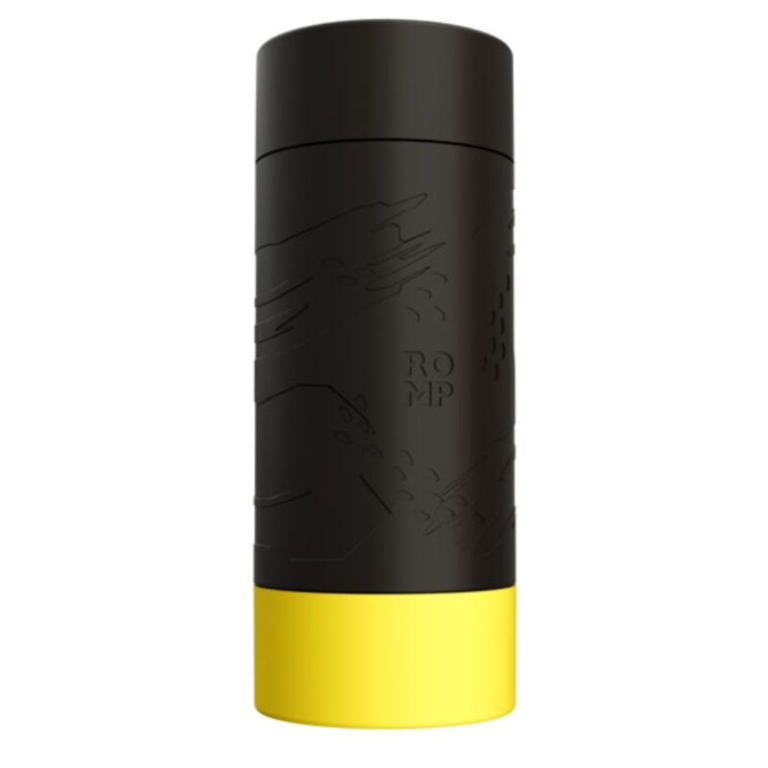 Envase cilíndrico negro con base amarilla