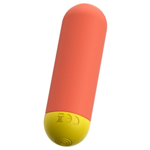 Vibrador pequeño con diseño cápsula coral y amarillo