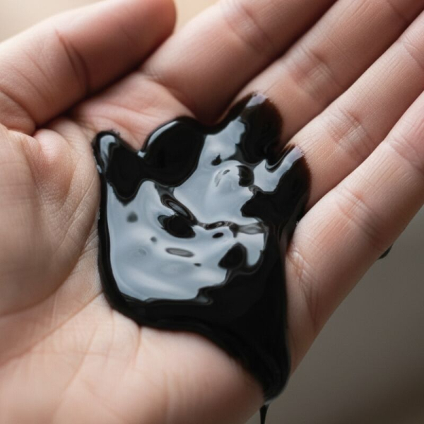 Mano sosteniendo líquido negro viscoso brillante