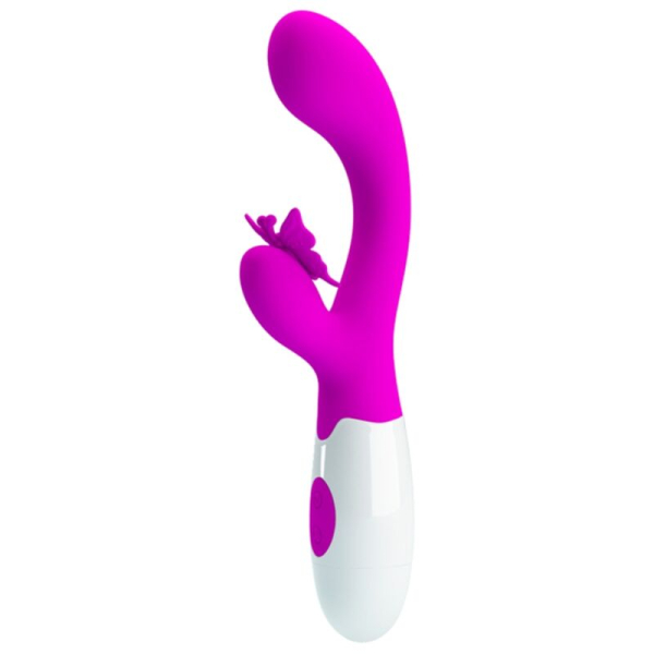 Vibrador rosa tipo conejo sobre fondo blanco
