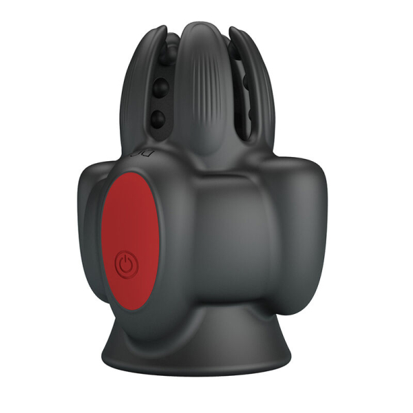 Dispositivo electrónico negro con botón rojo frontal
