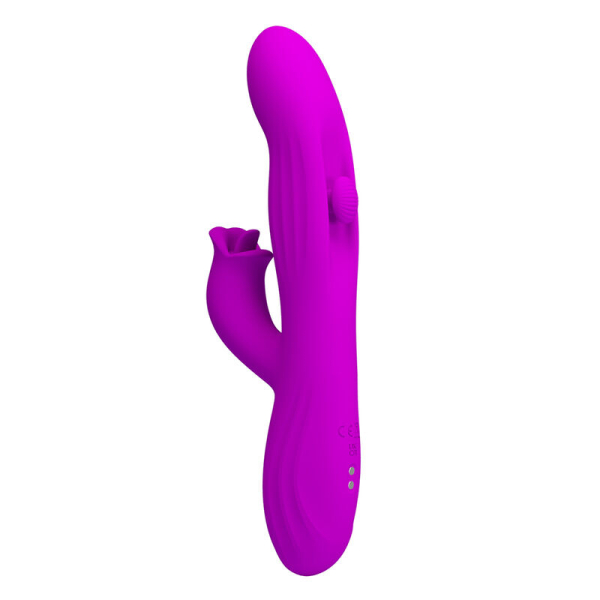 Vibrador rosa con estimulador dual curvado