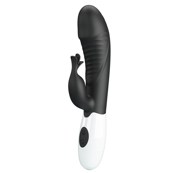 Vibrador negro tipo conejo con doble estimulación