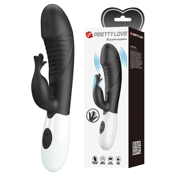 Vibrador negro con estimulador y caja del producto