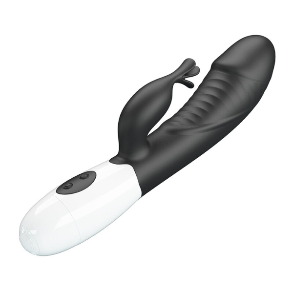 Vibrador tipo conejo negro y blanco