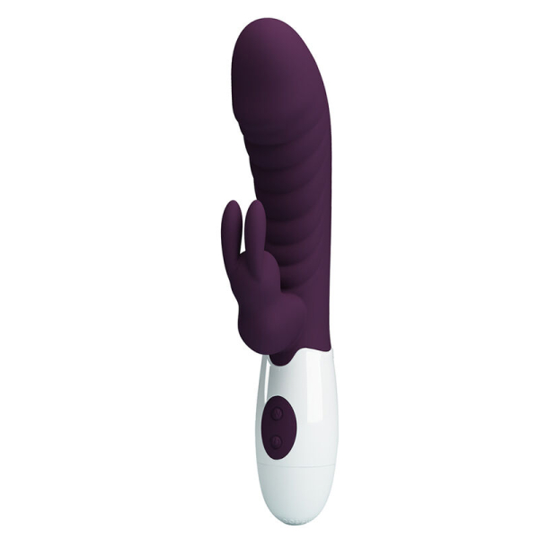 Vibrador tipo conejo morado sobre fondo blanco
