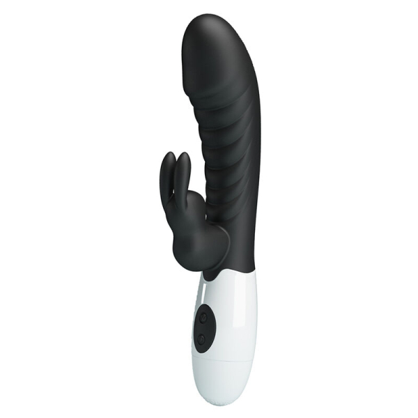 Vibrador negro y blanco con estimulador dual