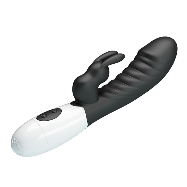 Vibrador tipo conejo negro y blanco