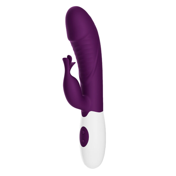 Vibrador tipo conejo morado sobre fondo blanco