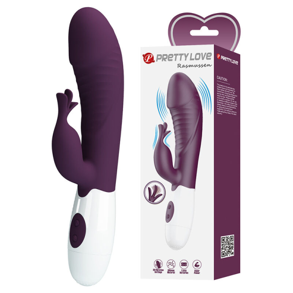 Vibrador morado con estimulador dual y caja