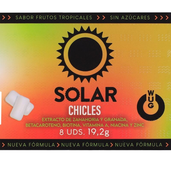 Envase de chicles Solar sabor tropical sin azúcar