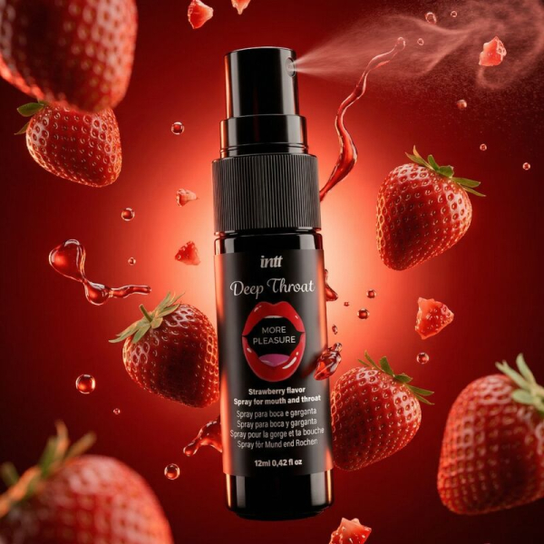 Spray bucal sabor fresa con fresas flotando