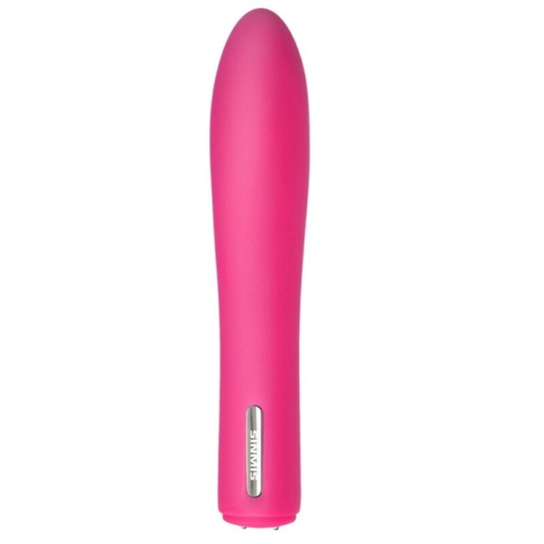 Vibrador rosa de silicona sobre fondo blanco