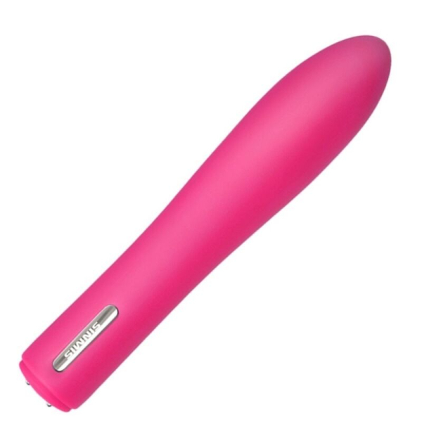 Vibrador rosa de silicona sobre fondo blanco