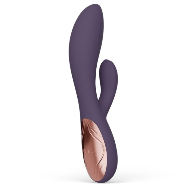 Vibrador doble morado con detalle metálico rosa