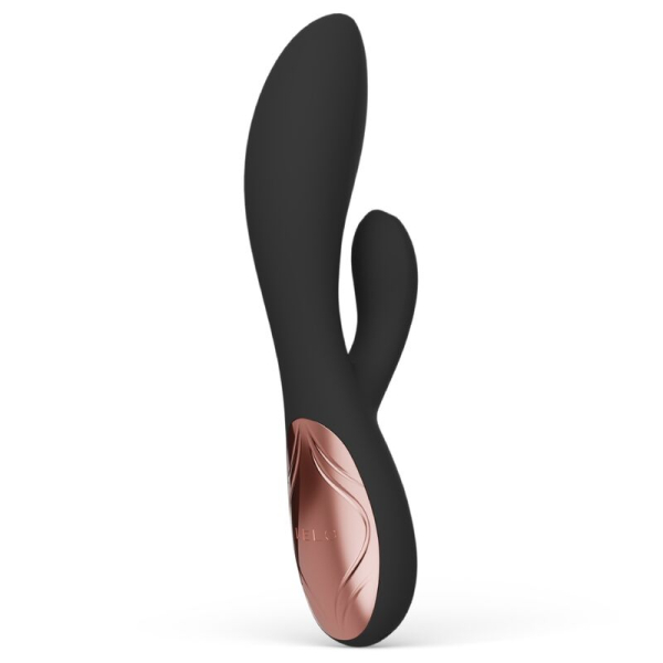 Vibrador negro con detalle dorado y doble punta