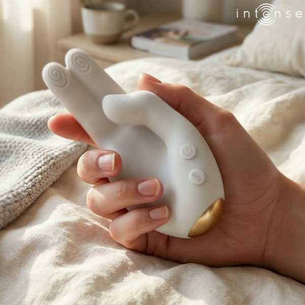 Mano sosteniendo vibrador blanco sobre la cama
