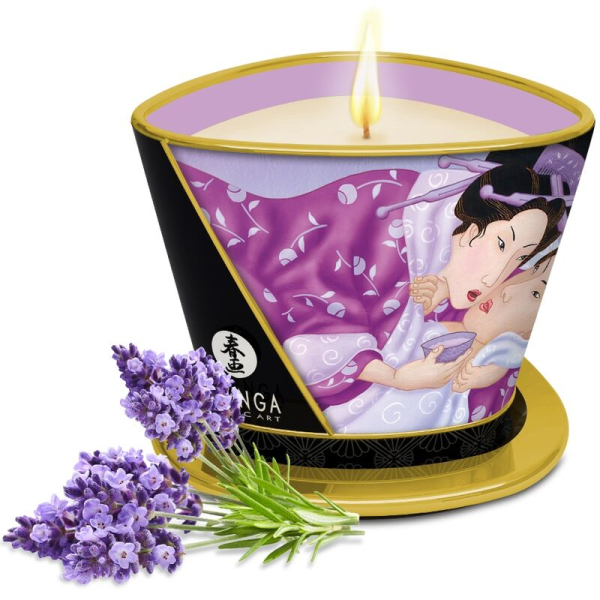 Vela decorativa con ilustración japonesa y lavanda