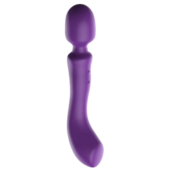Vibrador morado curvo sobre fondo blanco