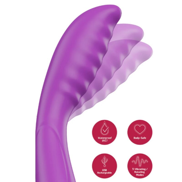Vibrador morado curvado con funciones impermeables