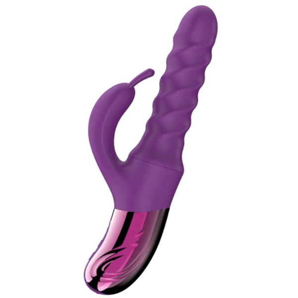 Vibrador morado tipo conejo con base metálica