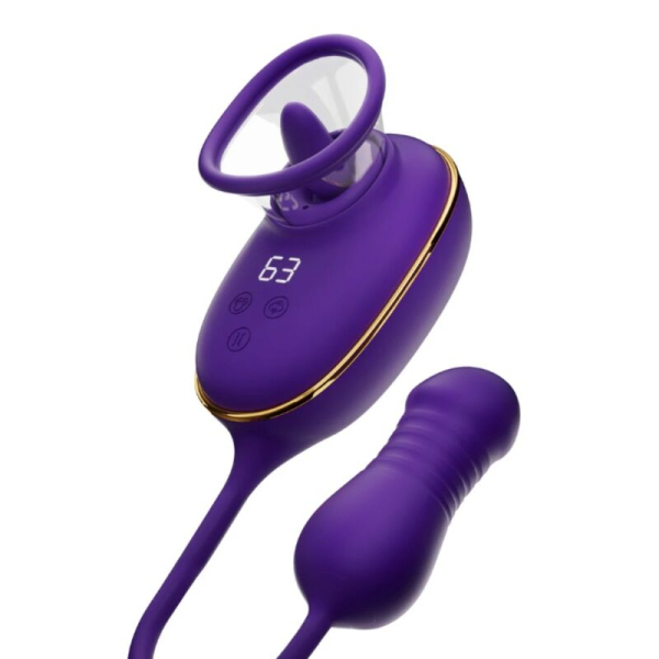 Juguete sexual morado con pantalla digital y accesorio