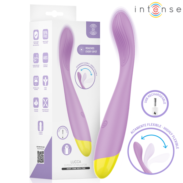 Vibrador morado recargable con caja de producto
