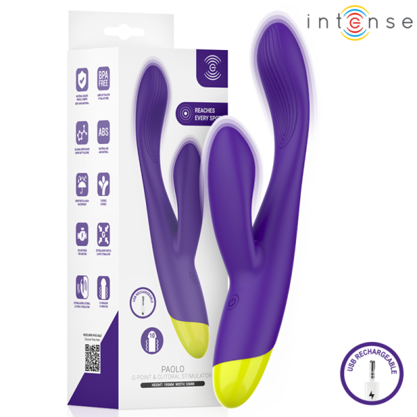 Vibrador morado recargable con caja del producto