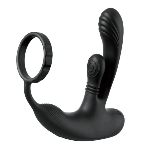 Masajeador prostático negro con anillo y brazo curvo