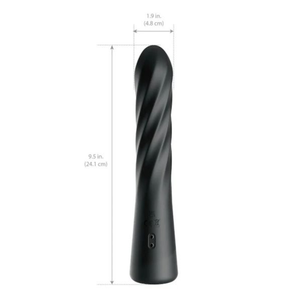 Vibrador negro con diseño en espiral y medidas
