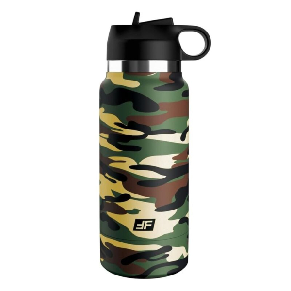 Botella reutilizable camuflaje con tapa negra y pajita