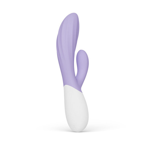 Vibrador tipo conejo morado y blanco
