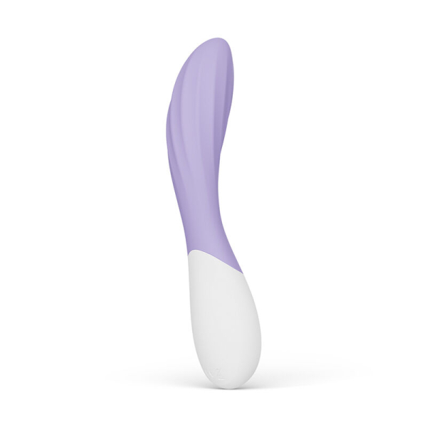 Vibrador curvado morado y blanco sobre fondo neutro